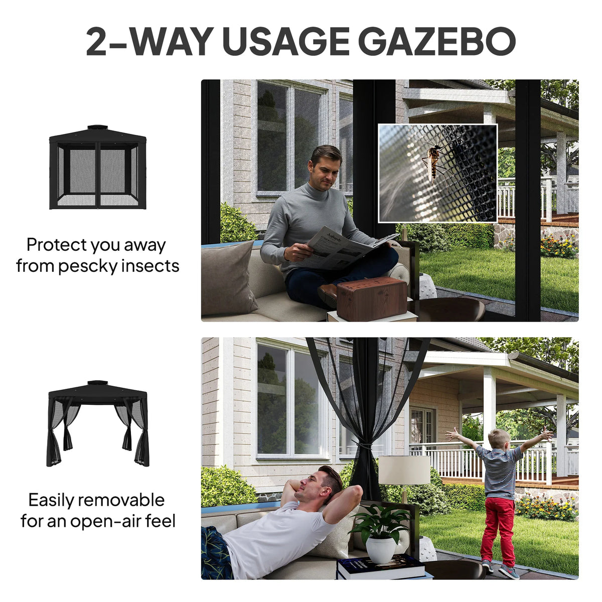 Black gazebo pavilion with mesh side panels and curtained openings