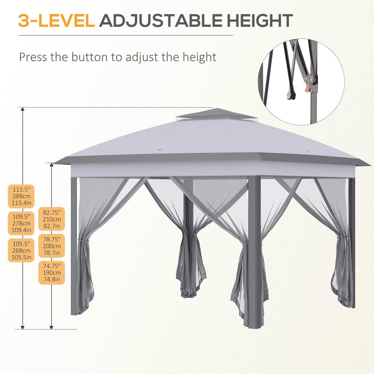 Grey pop-up gazebo with adjustable-height canopy and hanging mesh curtains.