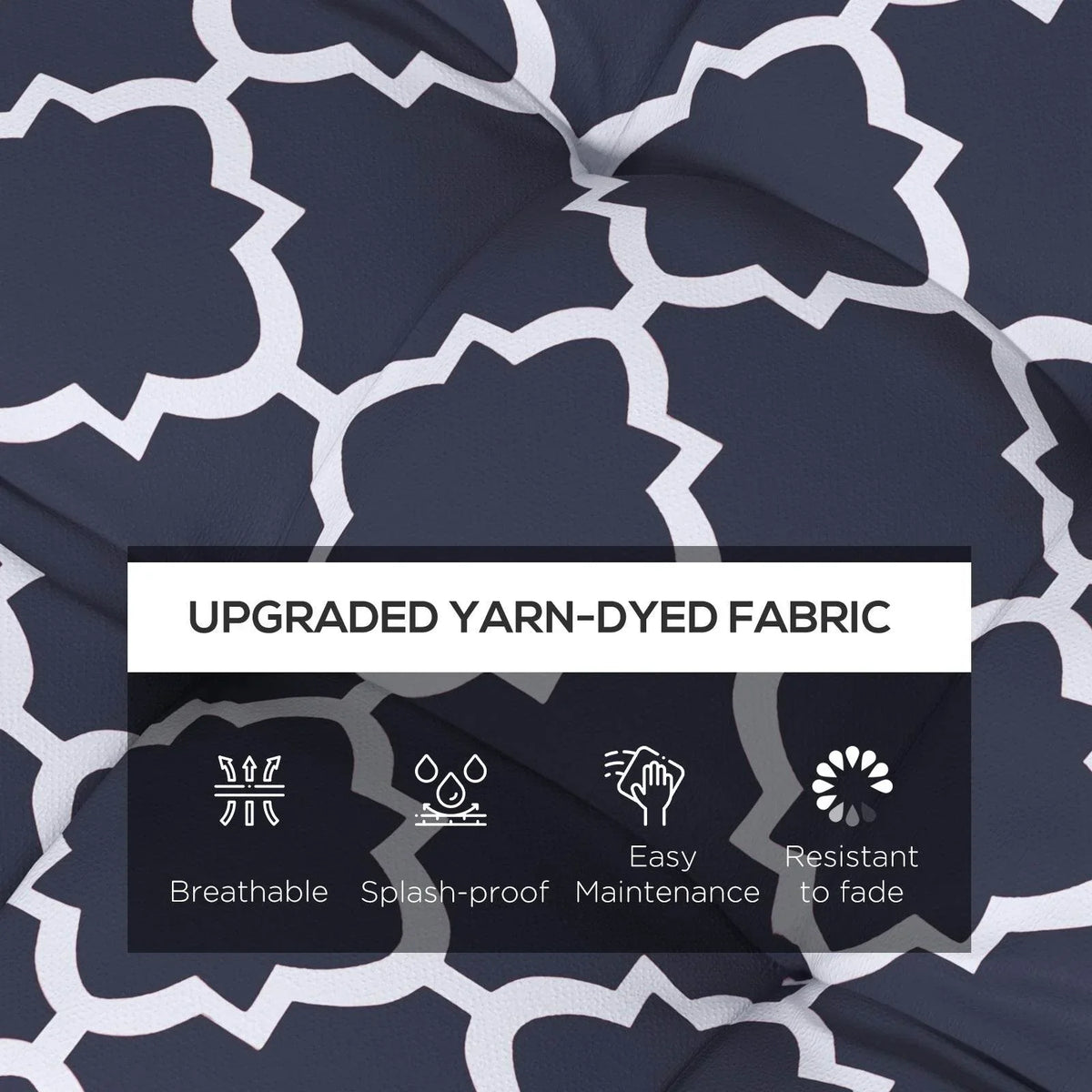 Close-up of navy blue cushion fabric with white lattice pattern