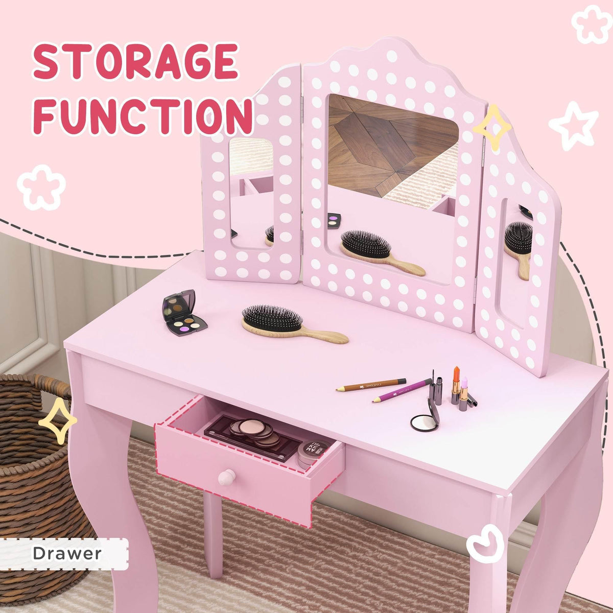 Pink kids vanity desk with open drawer storage and tri-fold mirror