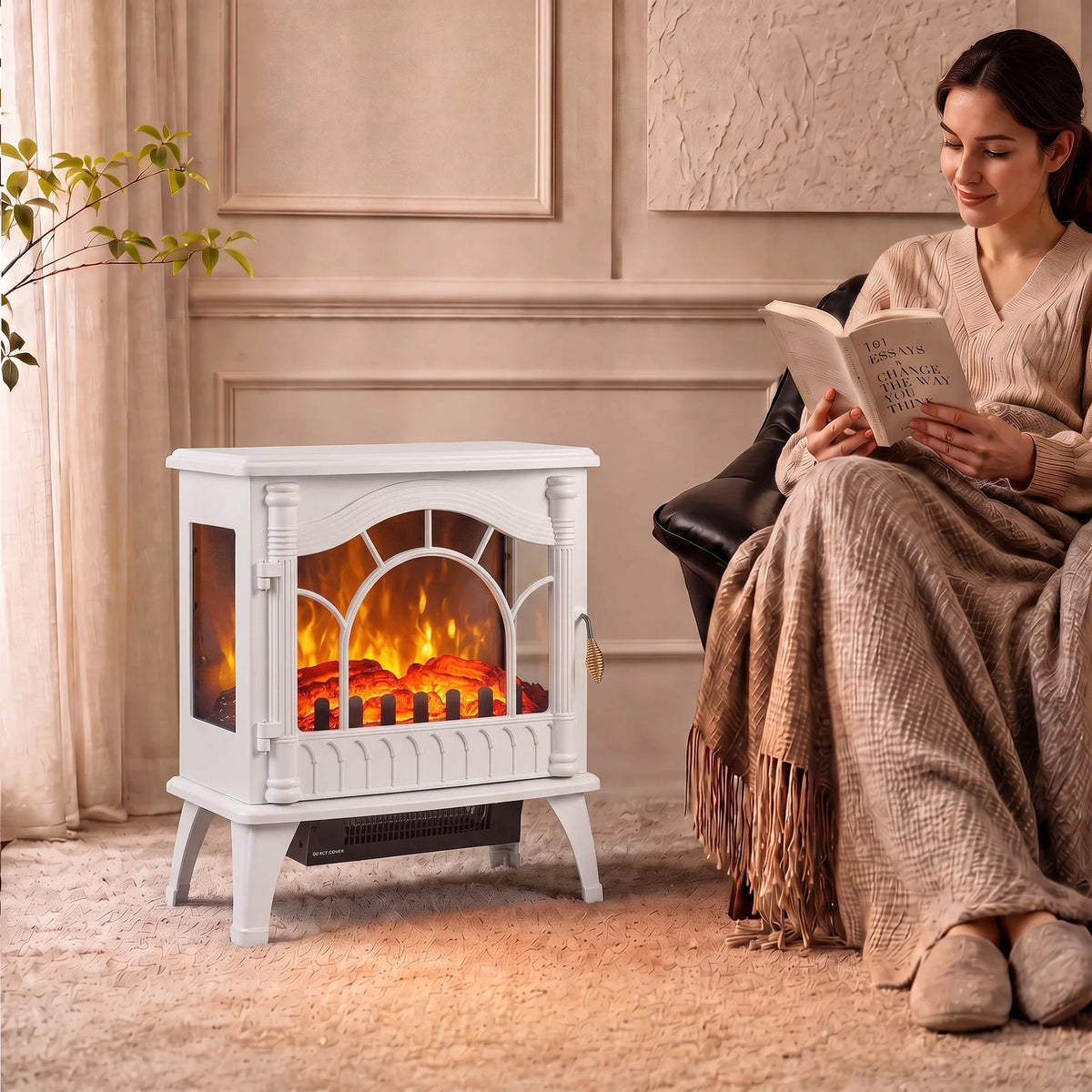 White electric fireplace fan heater with arched glass flame effect, side panel doors