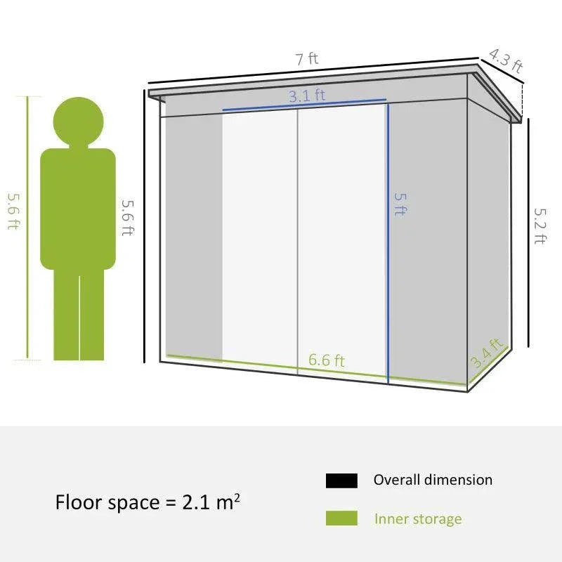 Outdoor metal storage shed size diagram with sloped roof and double-door layout