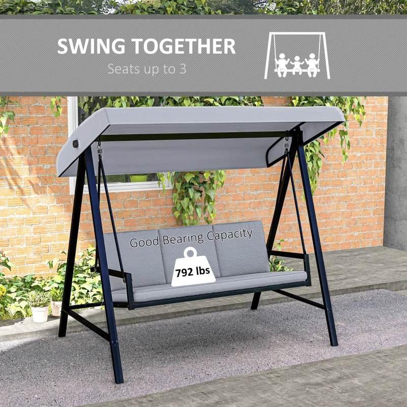 Grey three-seat swing chair with adjustable canopy and sturdy frame, front view