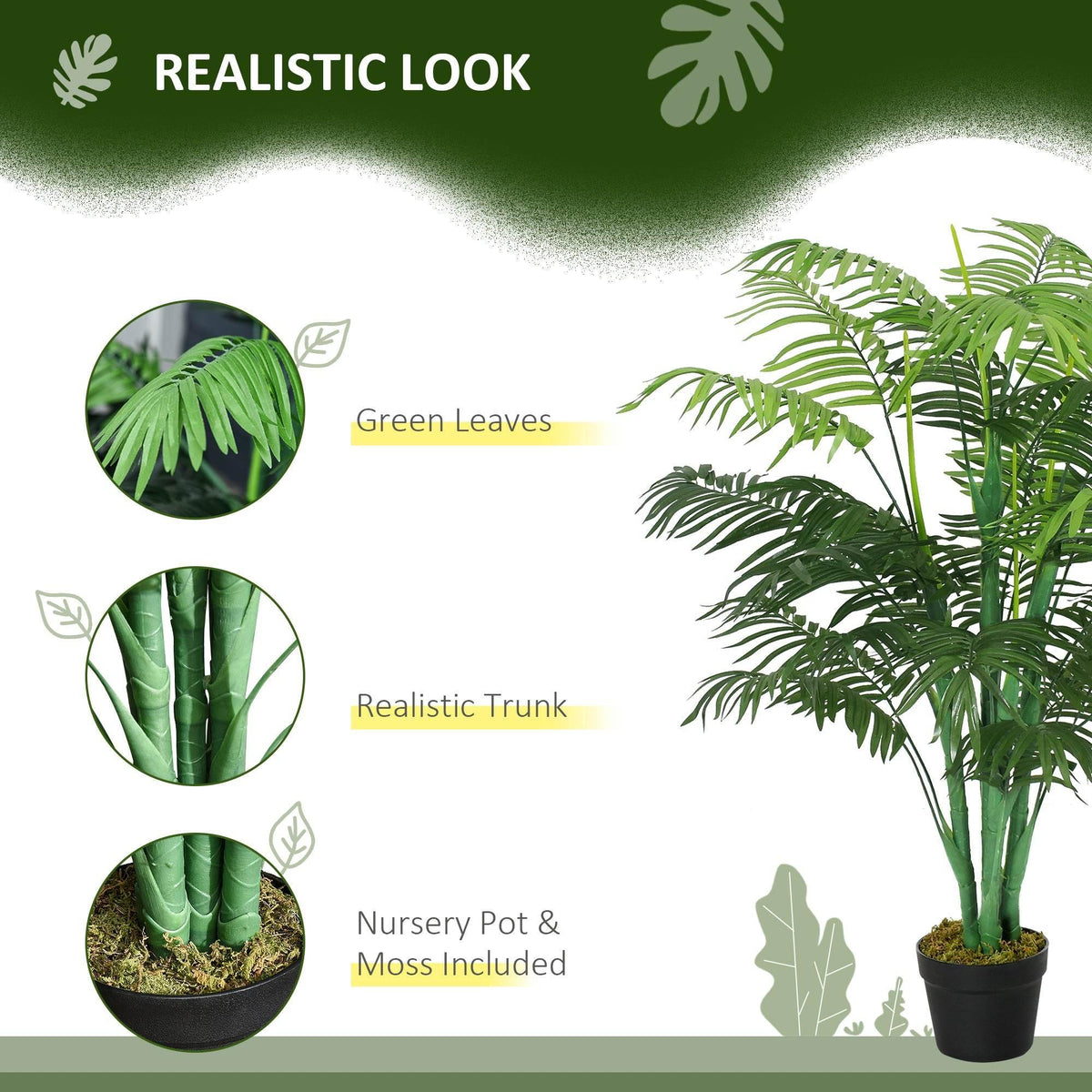 Artificial palm tree with realistic green faux leaves in black pot