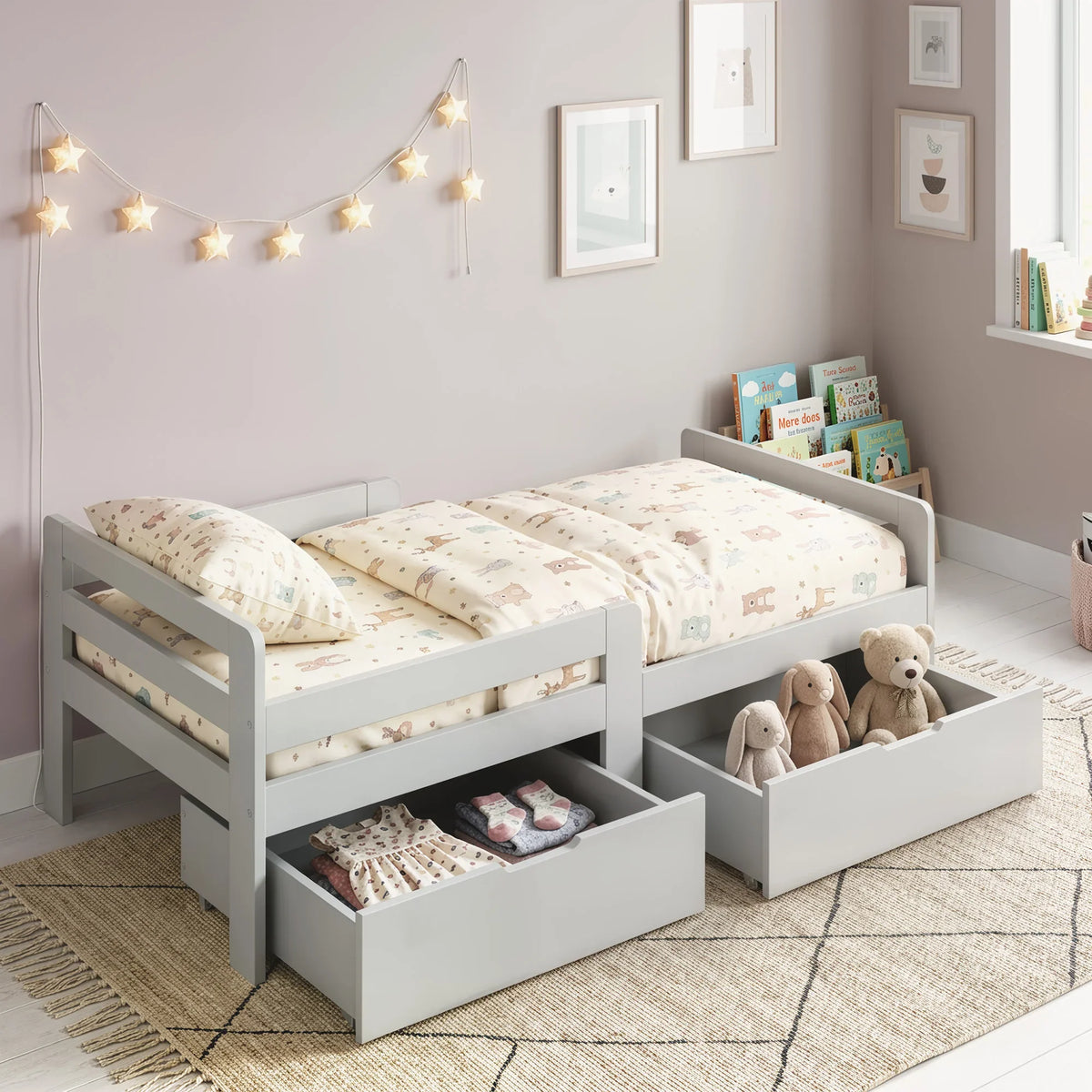 Grey wooden kids bed with side drawers, guard rails, and storage under the frame