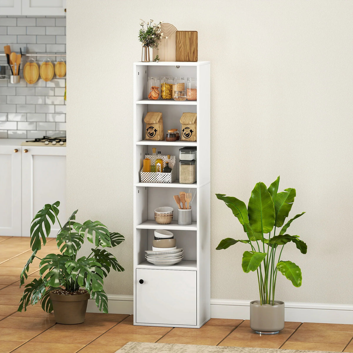 White 6-tier storage bookcase with open shelves and lower cabinet door
