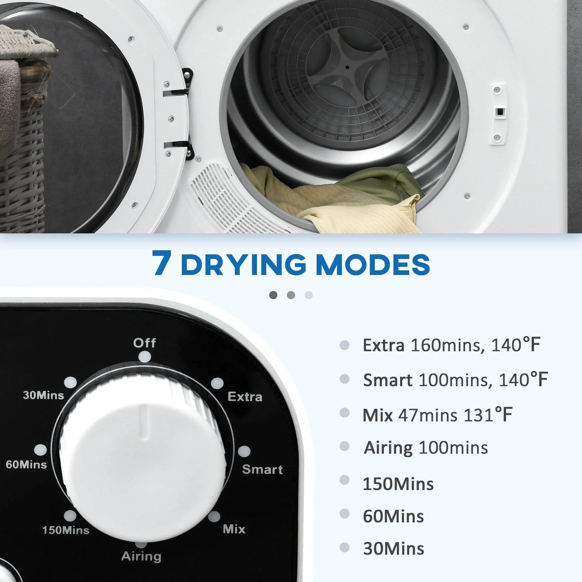 Compact tumble dryer control dial showing 7 drying mode settings
