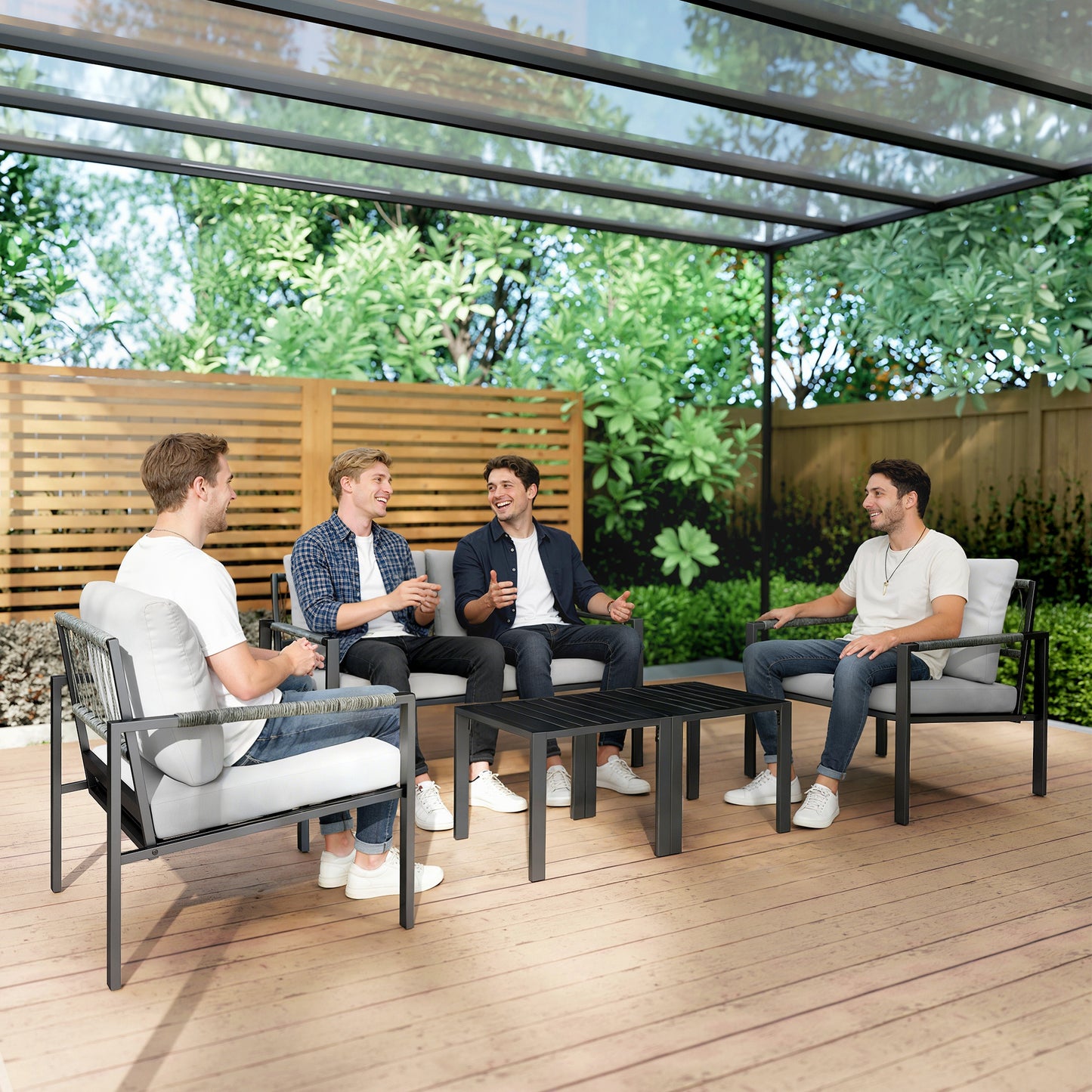 Outsunny 5 Piece Garden Furniture Set With Thickened Cushions Sofa Loveseat Armchairs And Coffee Tables Light Grey