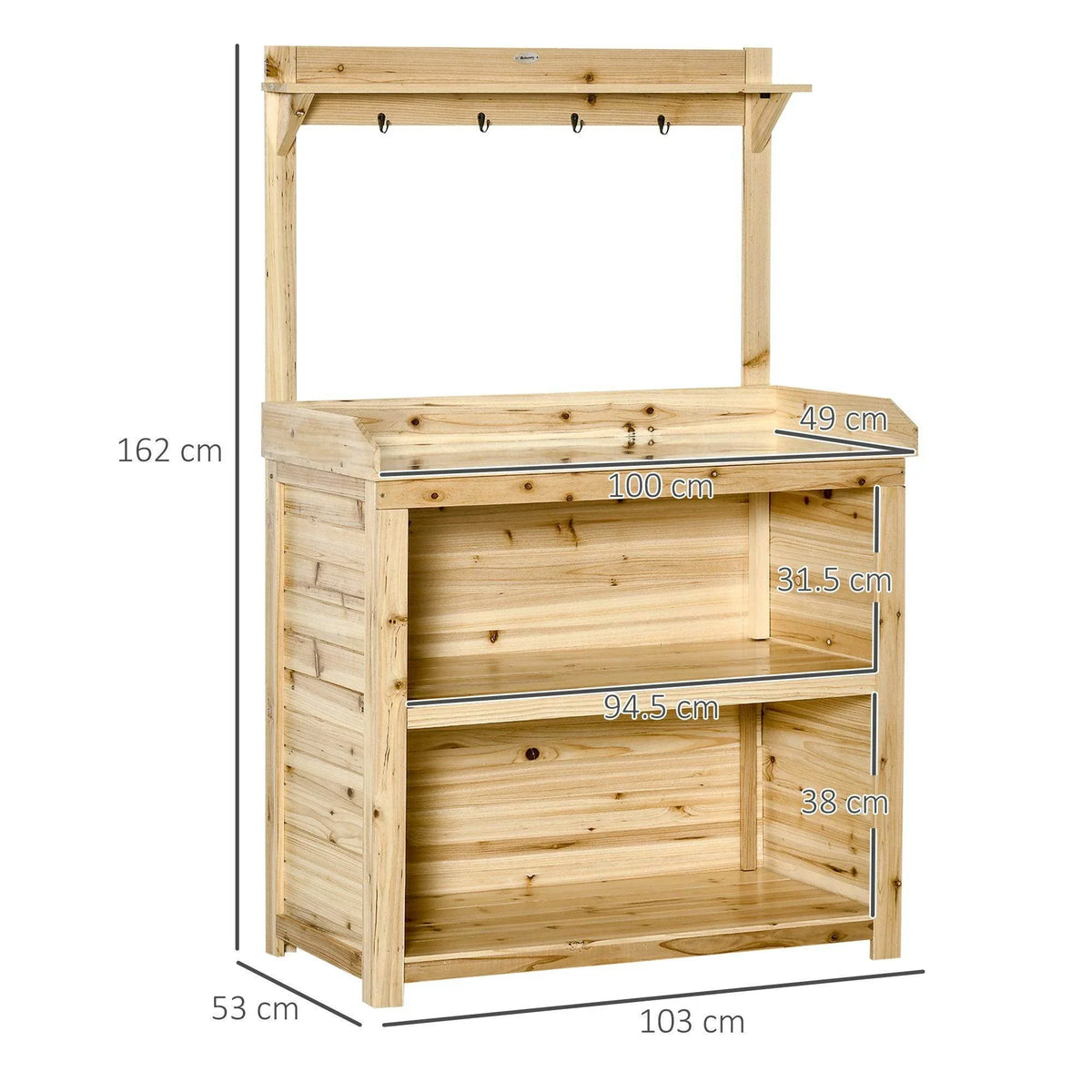 Light wood potting bench table with open shelves and countertop, front view