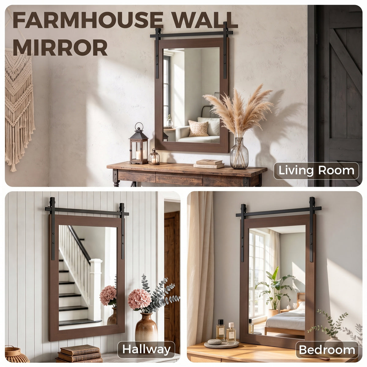 Farmhouse wall mirror with dark brown frame and black horizontal mounting bars