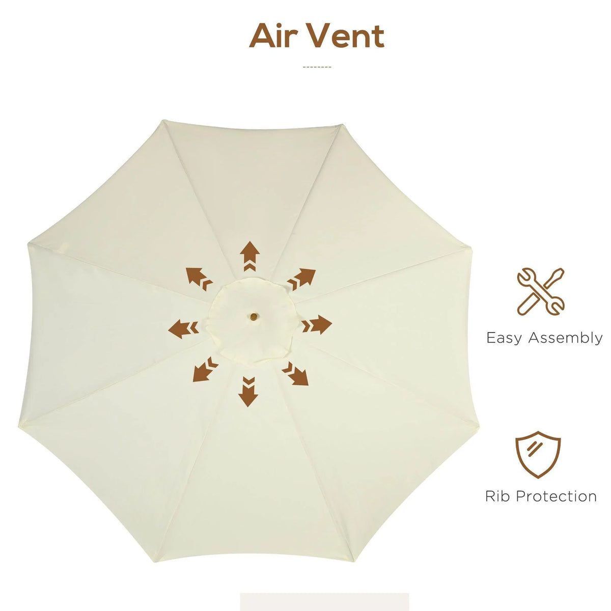 Beige patio umbrella top view with air vent and eight-rib canopy design, vent center opening.