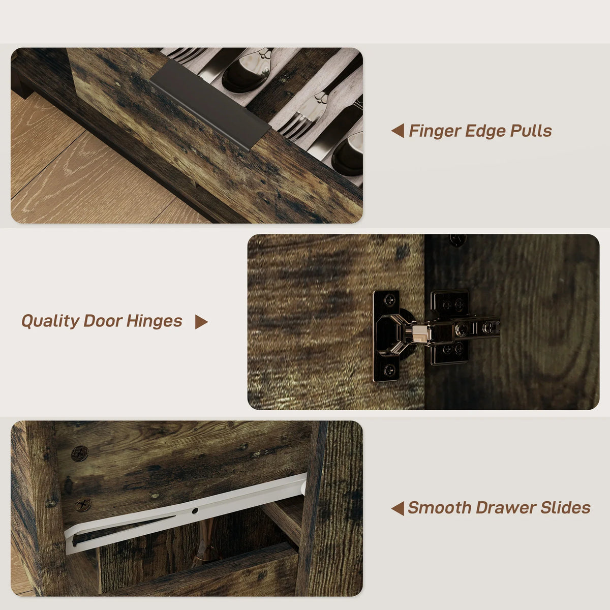 Industrial sideboard hardware set: finger-edge pulls, hinges, and smooth drawer slides