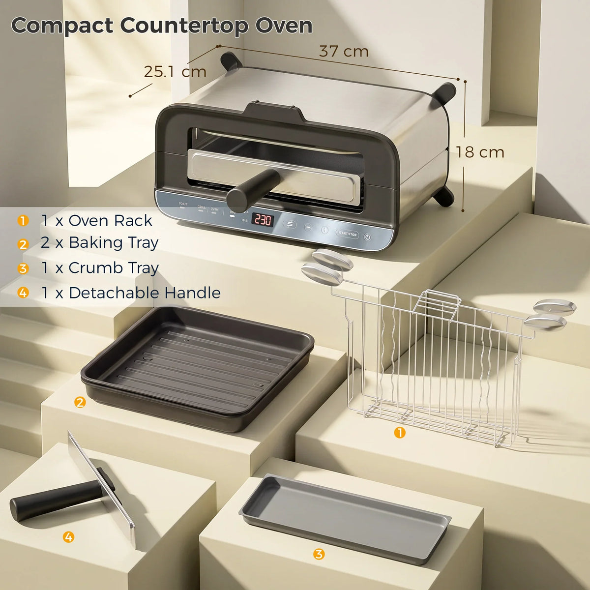 3-in-1 electric countertop oven with included rack and crumb tray, compact tabletop size