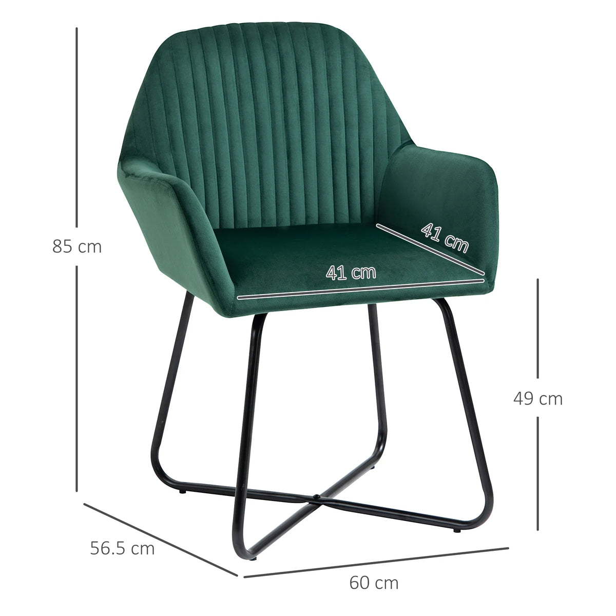 Green velvet-look arm chair with black metal frame, curved arms, channel tufted back