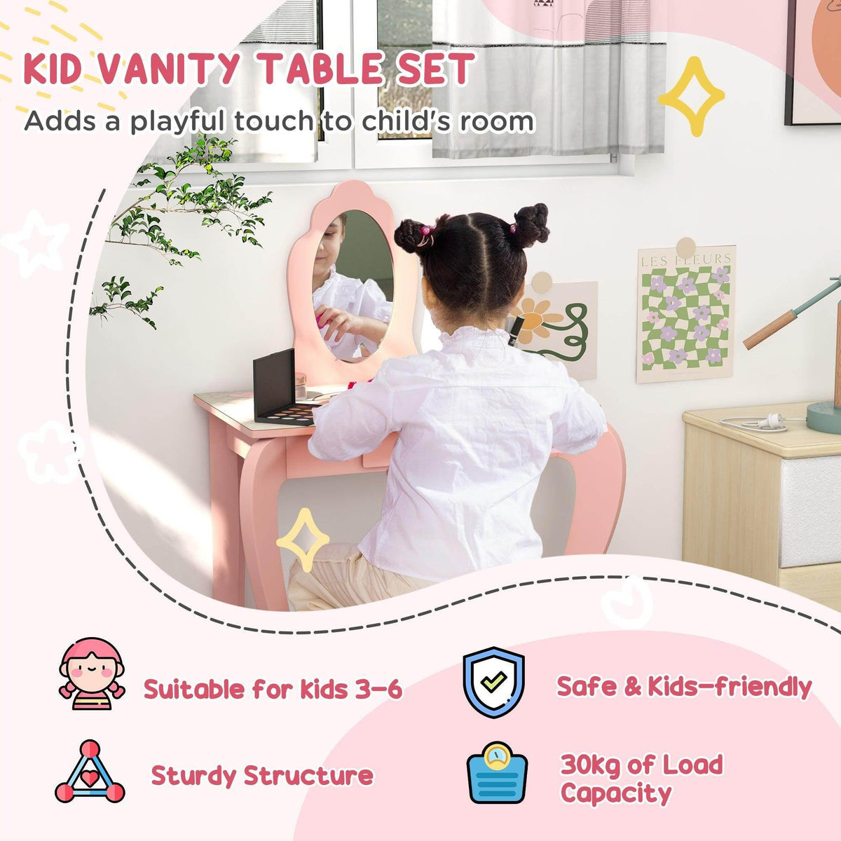 Pink kids vanity table set with oval mirror and tabletop, playful animal decor