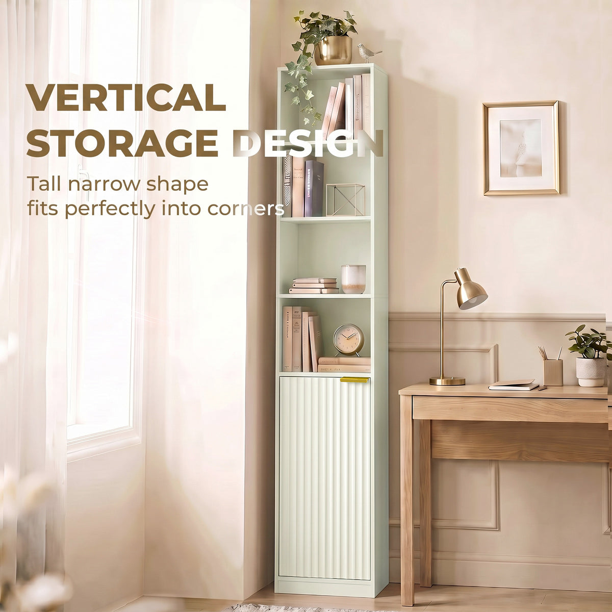 Tall narrow light green bookcase with open shelves and bottom cabinet