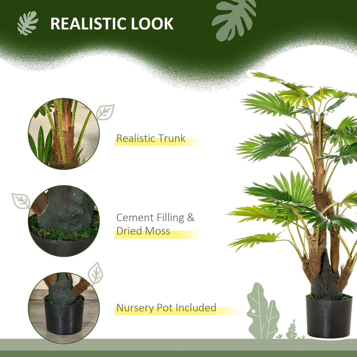 Artificial palm tree with realistic trunk and dried moss in a black nursery-style pot.