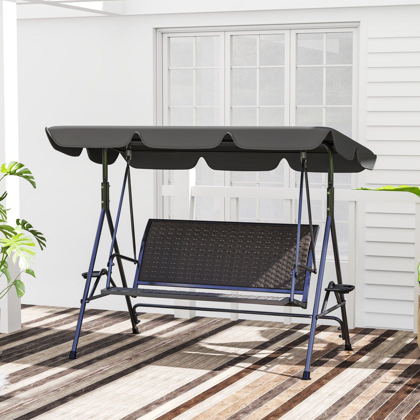 Outsunny 3 Seater Swing Chair With Adjustable Canopy Rattan Seat And Steel Frame For Patio Garden Grey