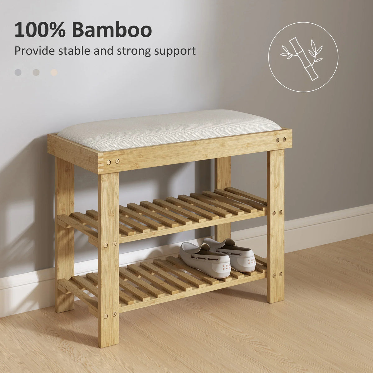 Bamboo shoe storage bench with cream seat cushion and two open tiers for shoes