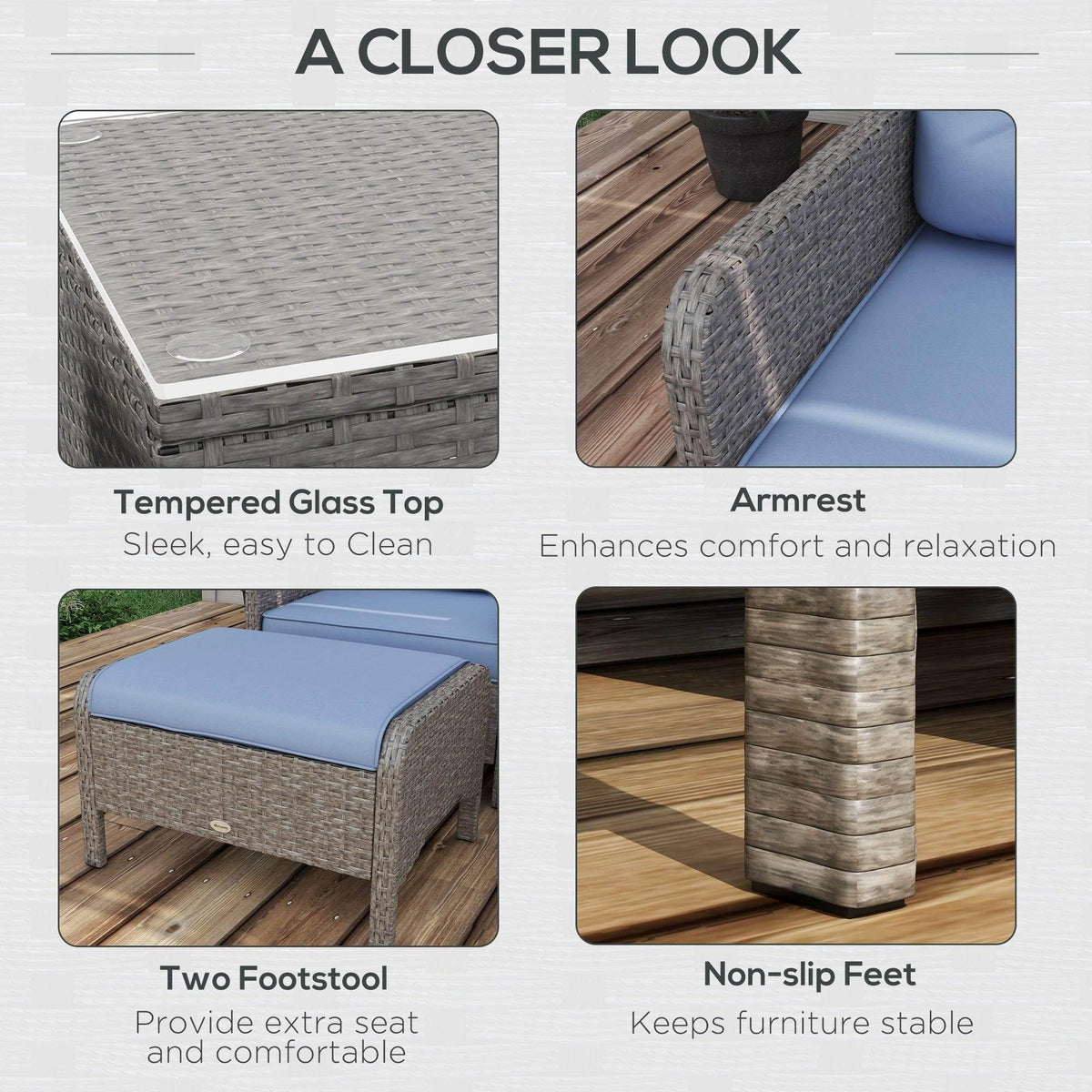 Outdoor furniture set detail: tempered glass top table, armrests, two footstools, non-slip feet