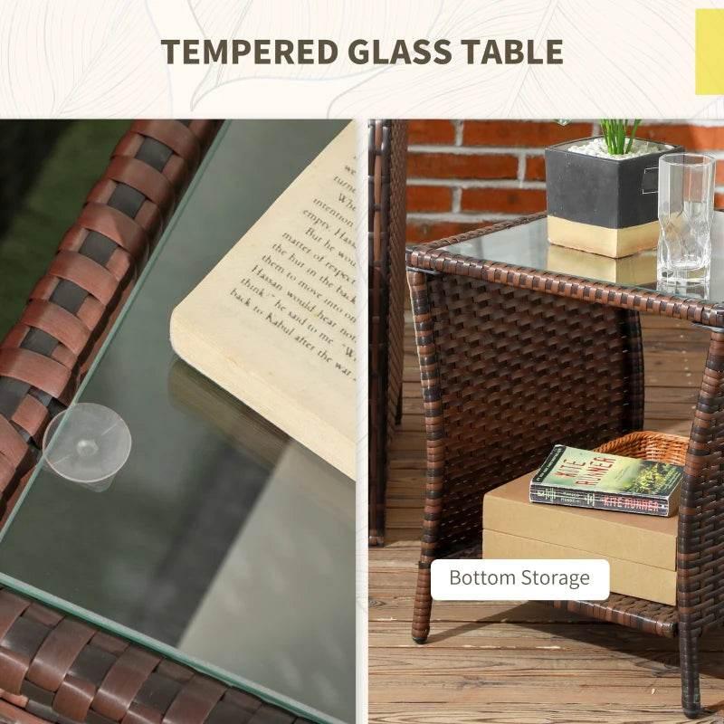 Tempered glass side bistro table with mixed-brown rattan frame and storage shelf