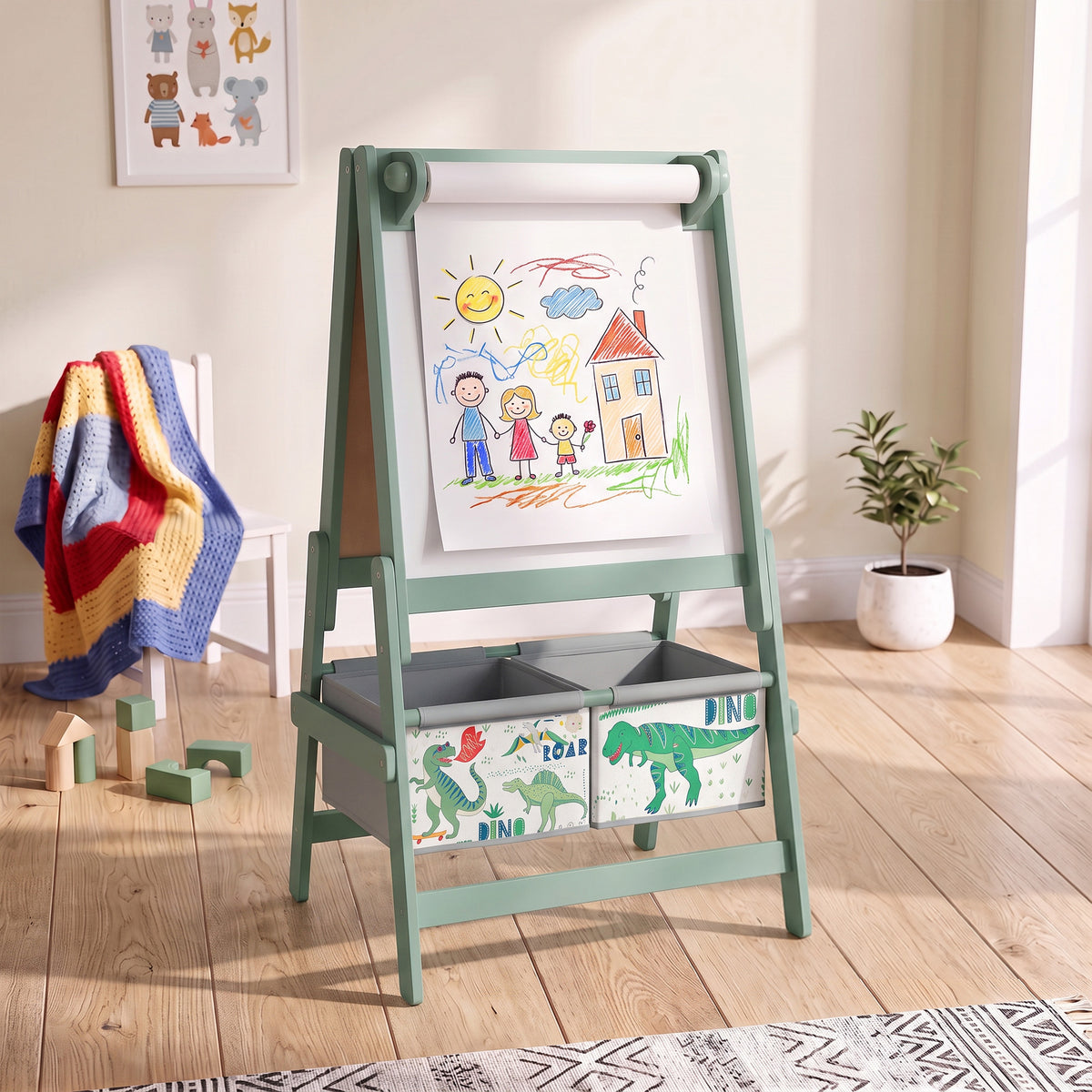 Mint green A-frame art easel with whiteboard paper roll and dinosaur storage bins