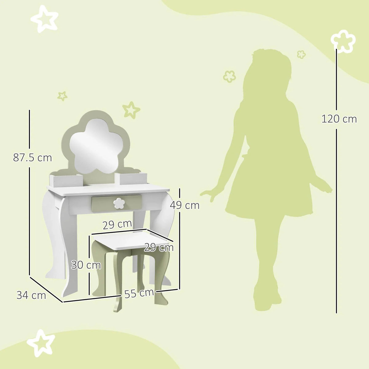 White kids vanity table with mirror and stool, size diagram showing drawer and storage