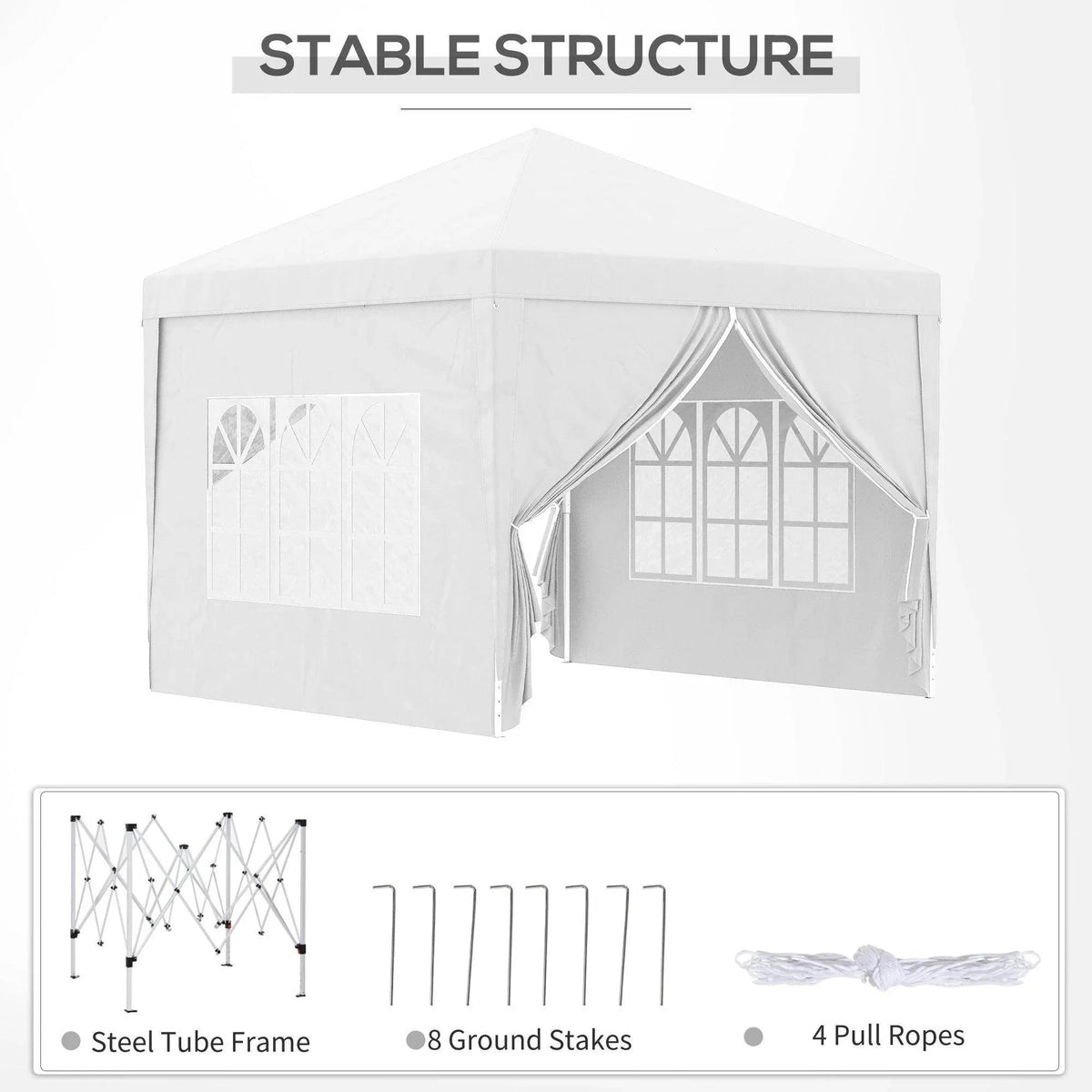White pop-up gazebo tent with steel tube frame, ground stakes, and pull ropes