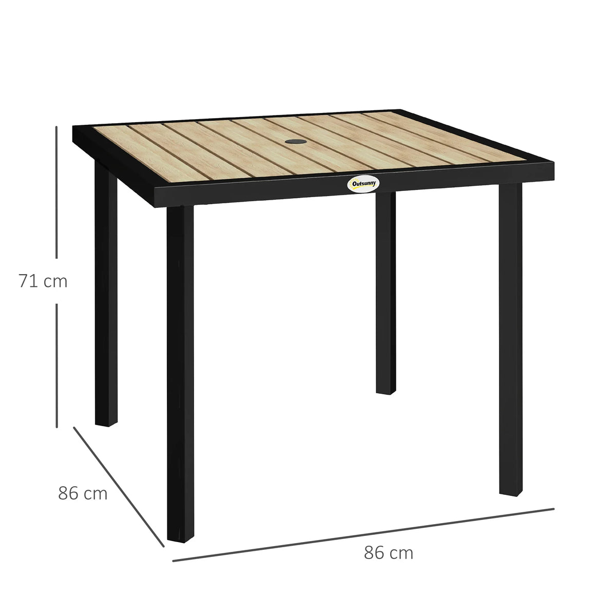 Square garden dining table with slatted top, black metal legs, and umbrella hole