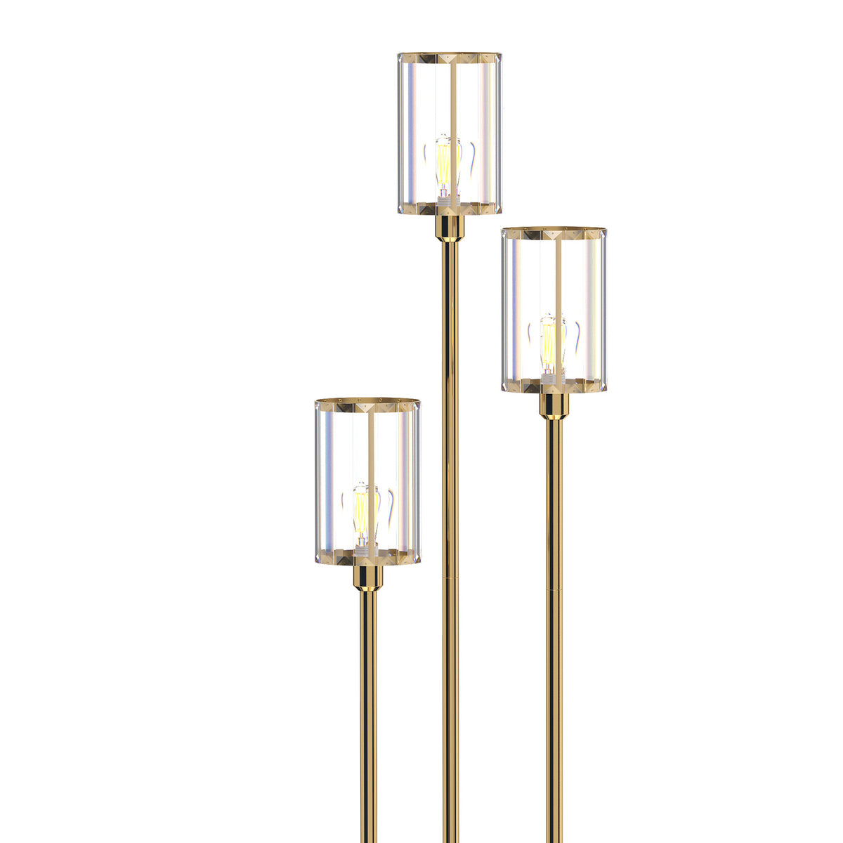 Gold three-light floor lamp with three clear crystal-like glass shades on brass frame