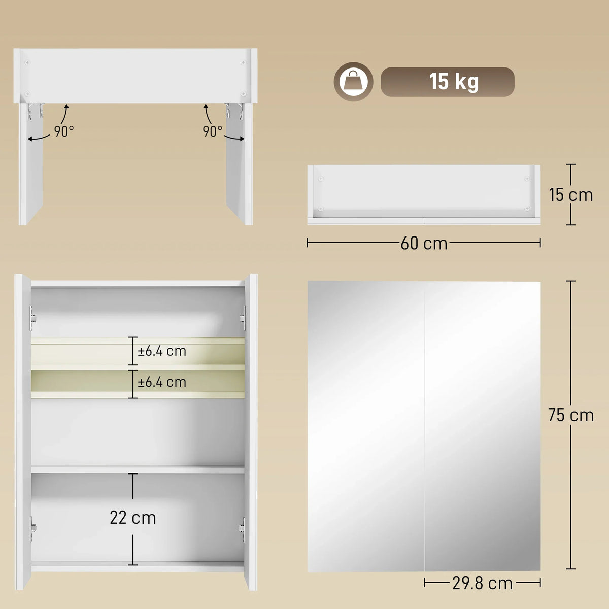 Wall-mounted white bathroom mirror storage cabinet with open door and adjustable shelf