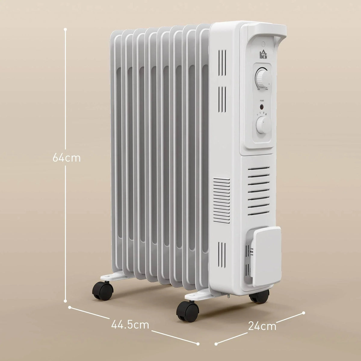 White 9-fin oil radiator heater with adjustable thermostat controls and four caster wheels