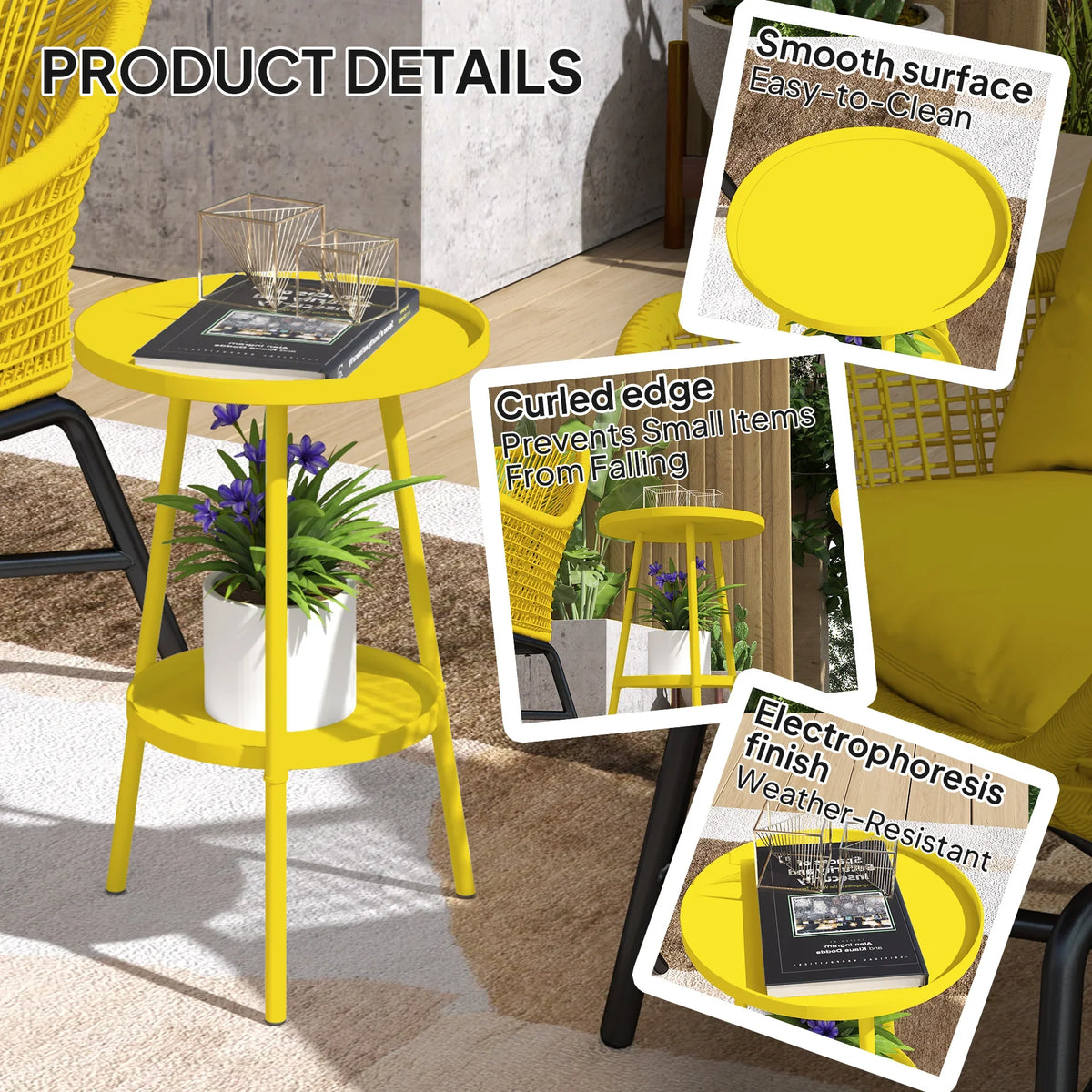 Yellow two-tier round metal patio table with curved edge and lower shelf