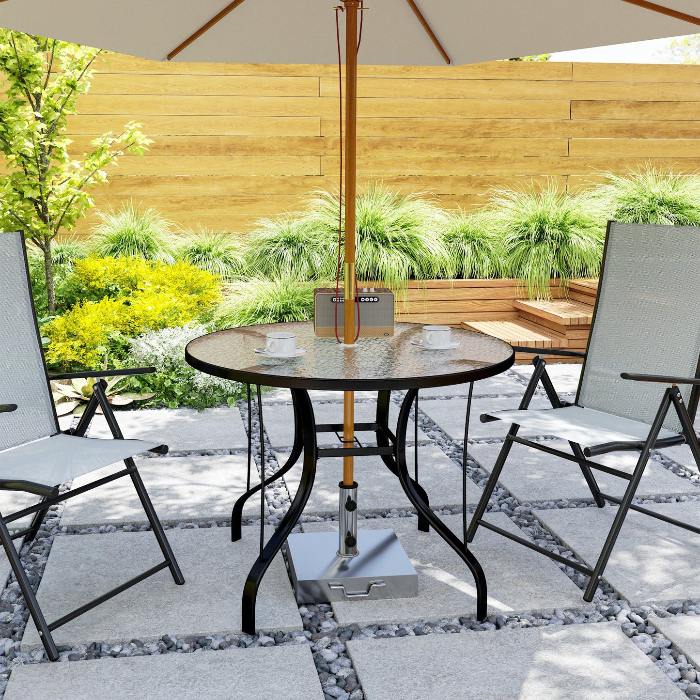 Outsunny Round Outdoor Dining Table With Tempered Glass Top And Parasol Hole 96.5 x 96.5 x 71 cm