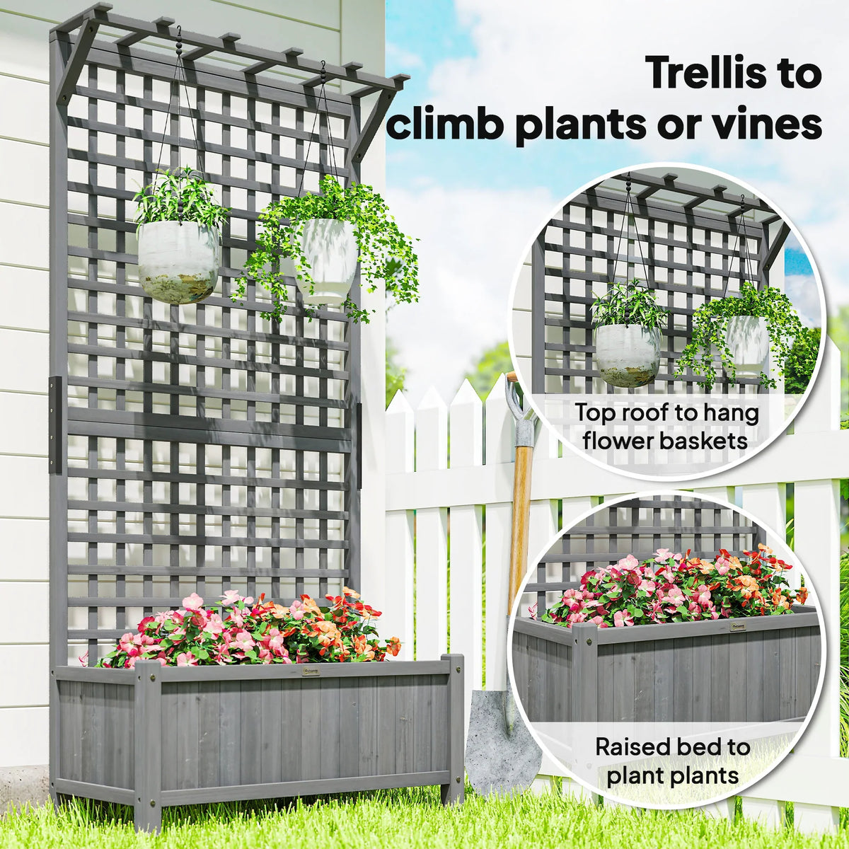Trellis raised bed planter with top frame and hanging flower baskets for climbing plants