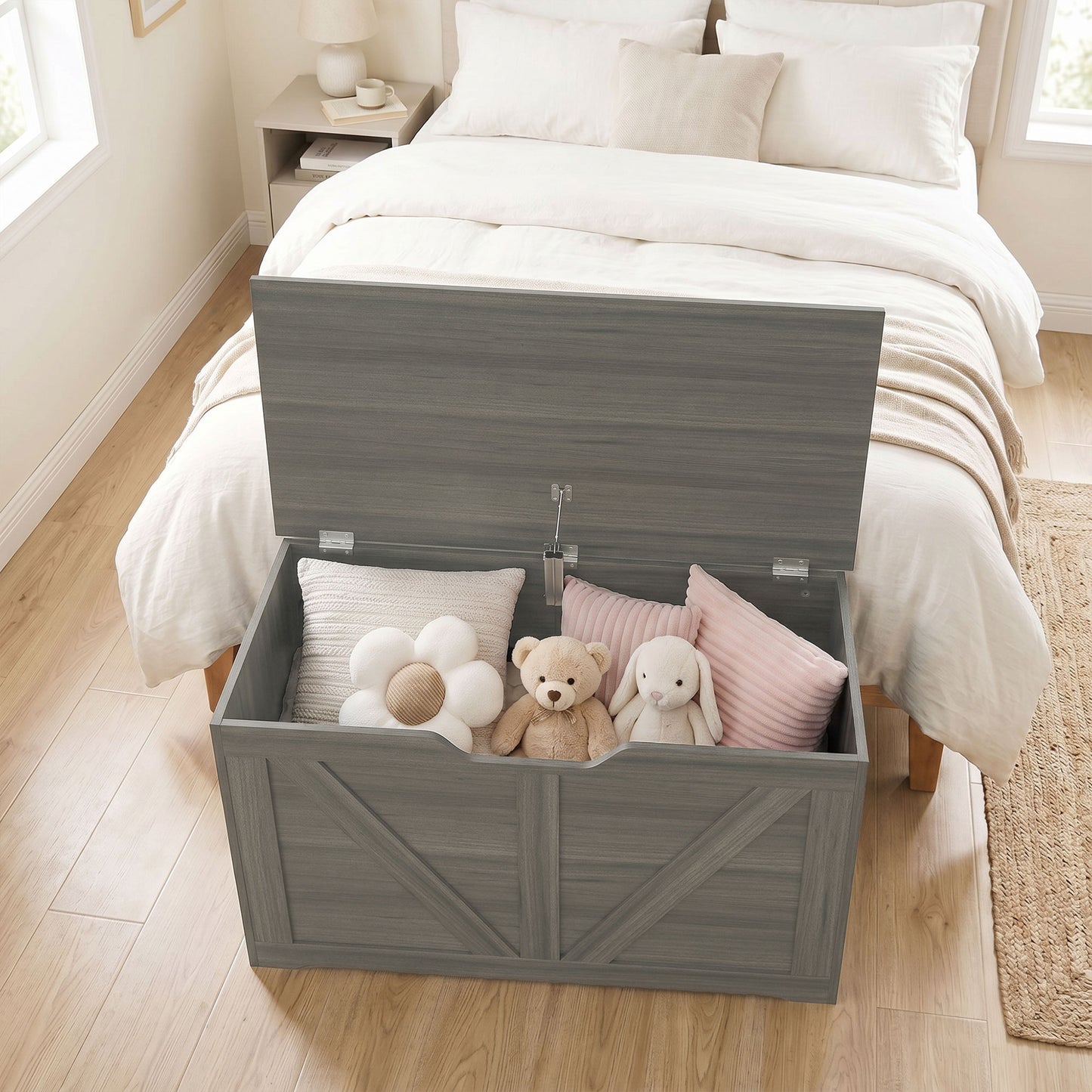 HOMCOM 100L Storage Trunk With Safety Hinge Flat Lid For Seating Dark Grey Wood Effect
