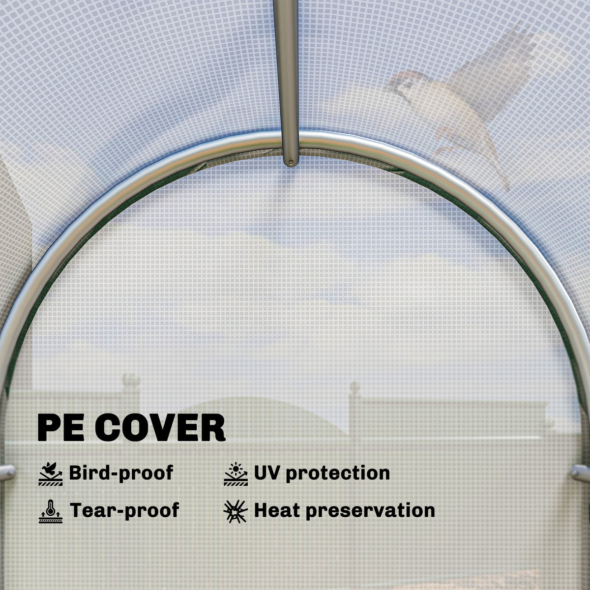 White PE greenhouse cover with mesh texture; UV protection, tear resistance, heat retention