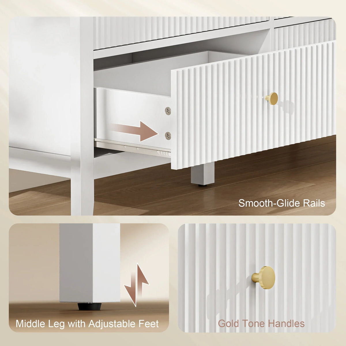 White fluted dresser drawers with gold-tone handles, smooth-glide rails