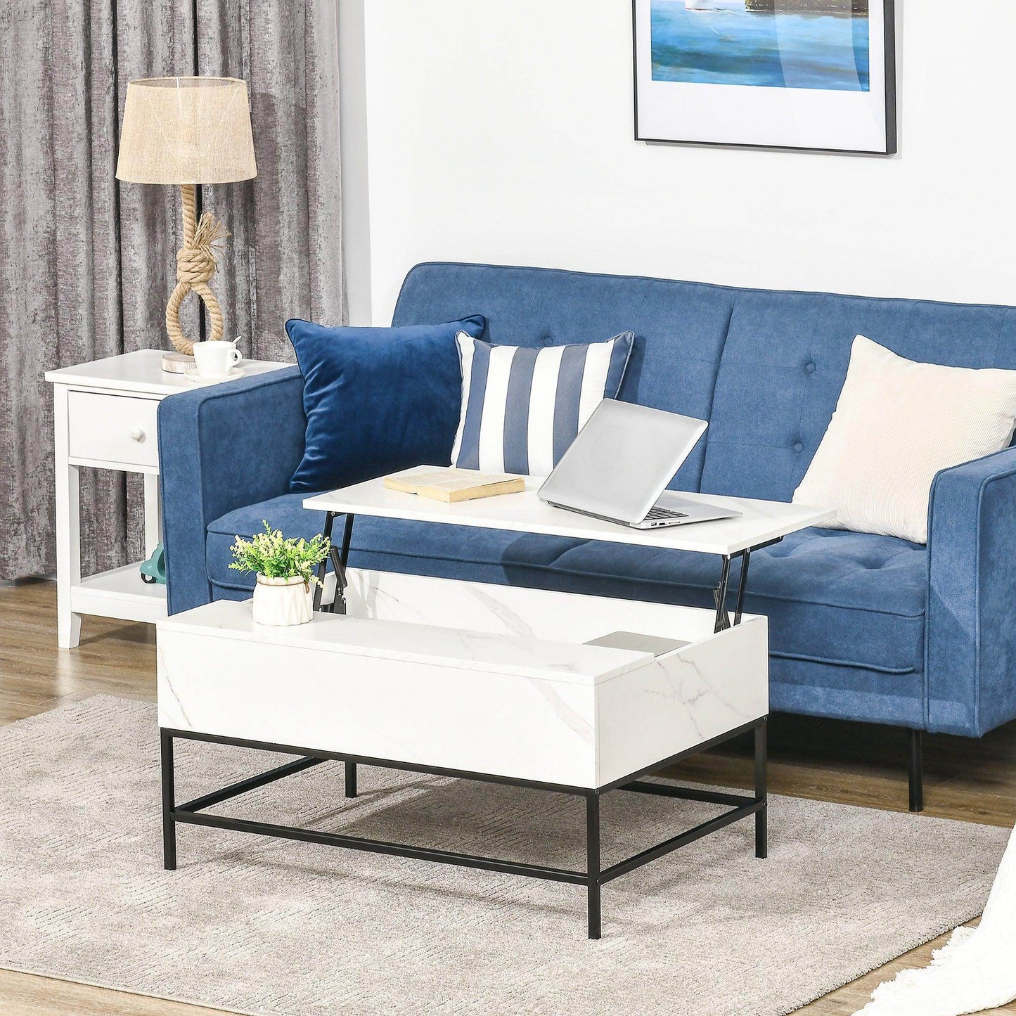 HOMCOM Modern Lifting Coffee Table with Hidden Compartment, Storage Coffee Table for Living Room, Faux Marble White - ALL4U RETAILER LTD