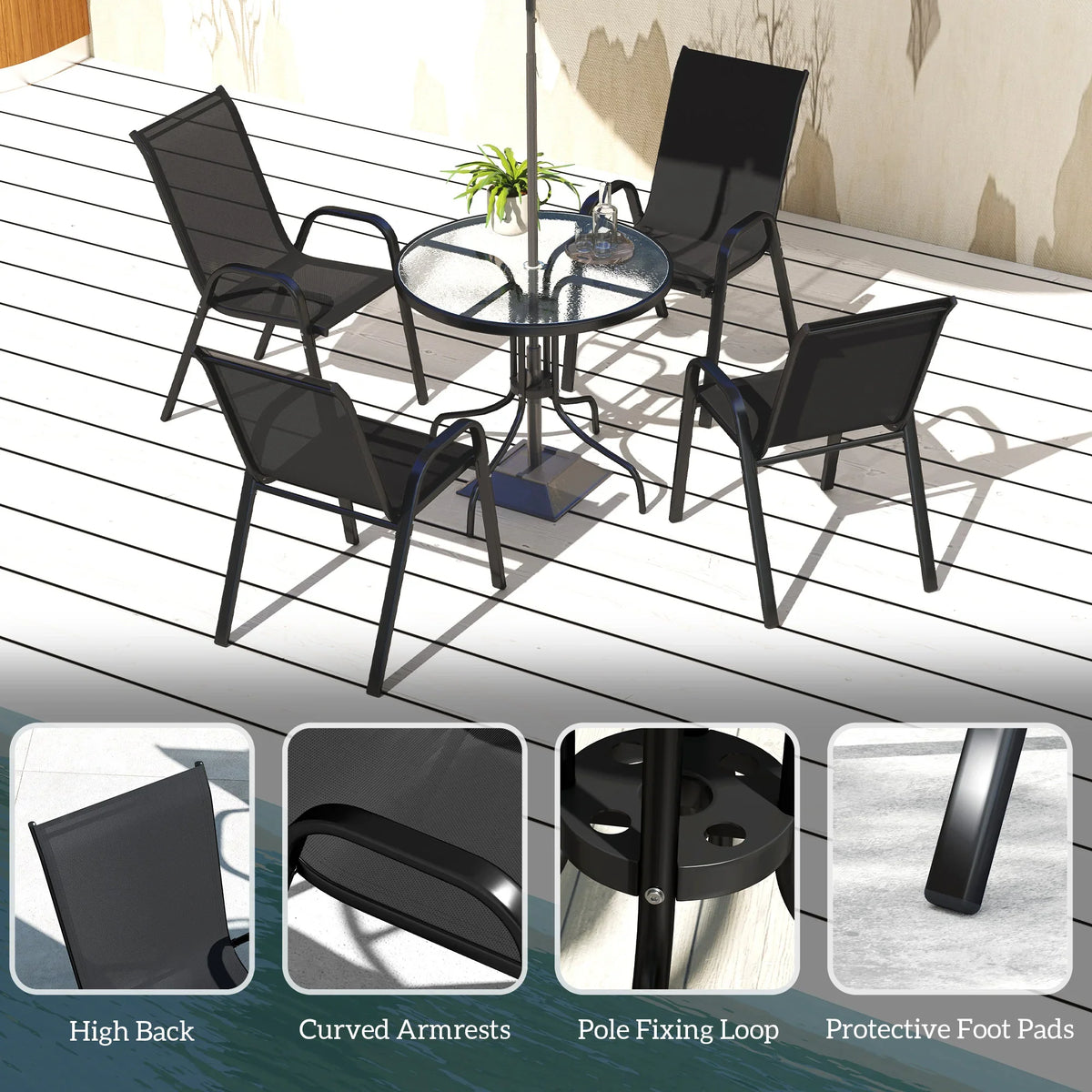 Five-piece patio set: round glass table and stackable chairs, curved armrests shown
