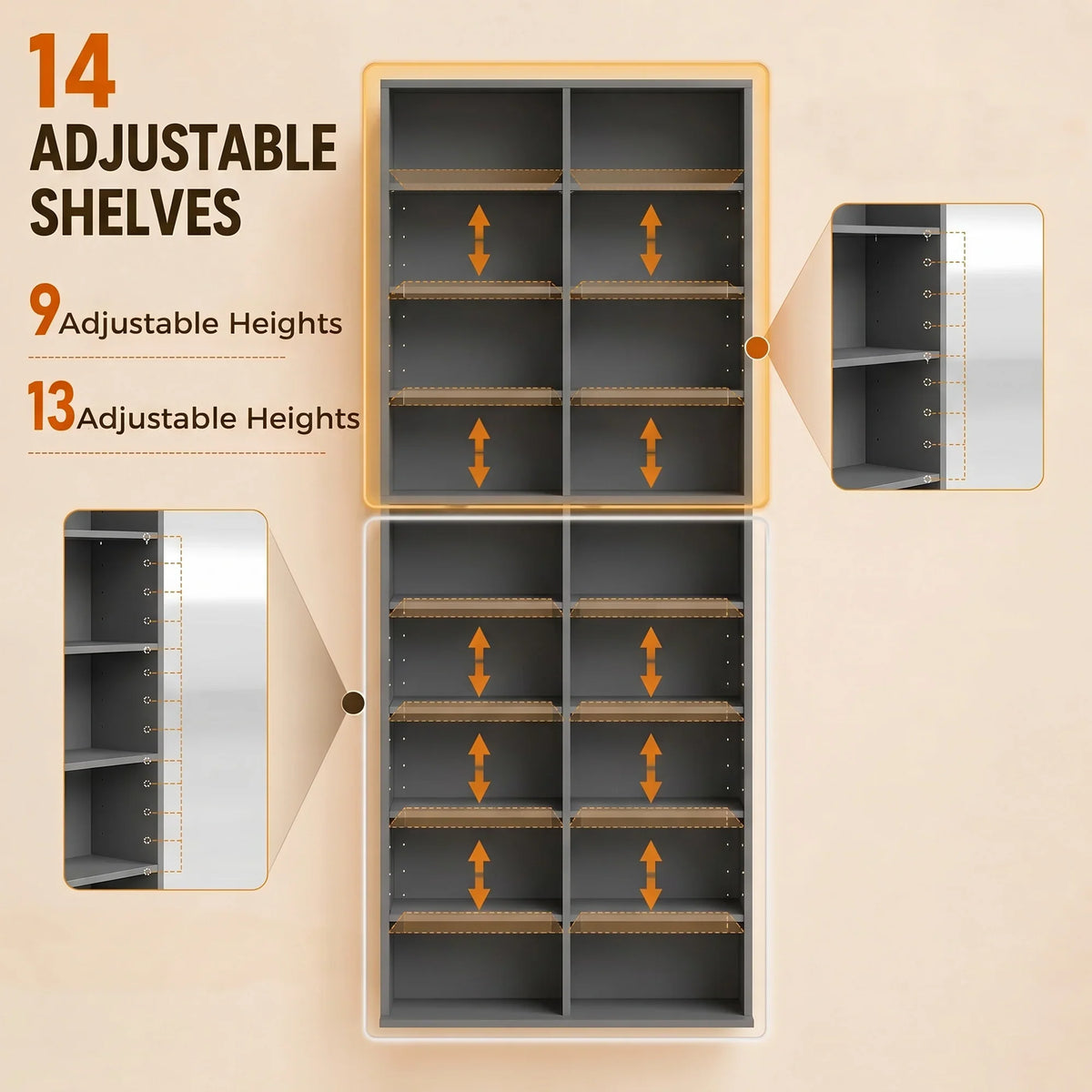 Grey media cabinet with 14 adjustable shelves, open door showing shelf heights.