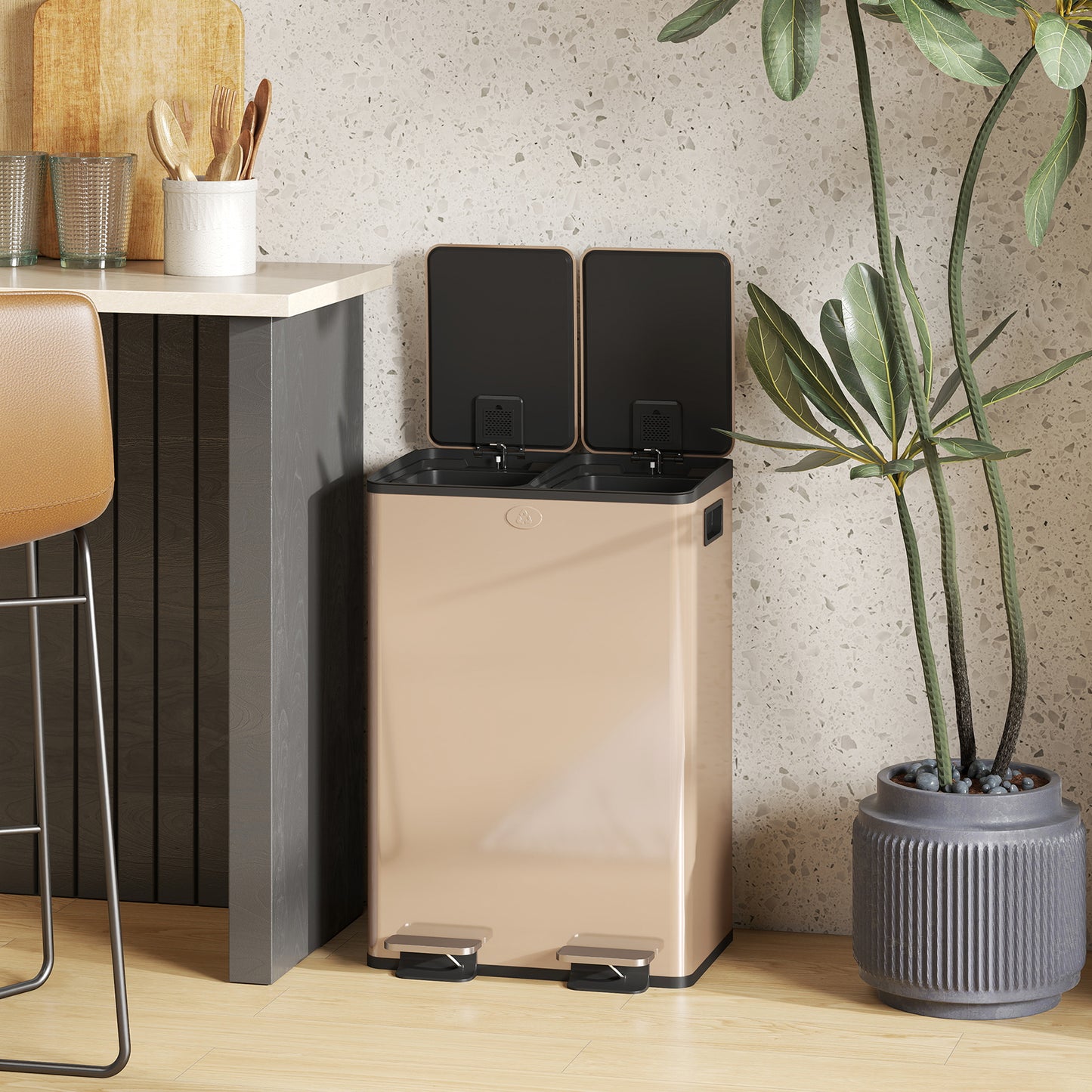 HOMCOM 56L Dual Compartment Stainless Steel Bin With Deodoriser Holders Gold Tone