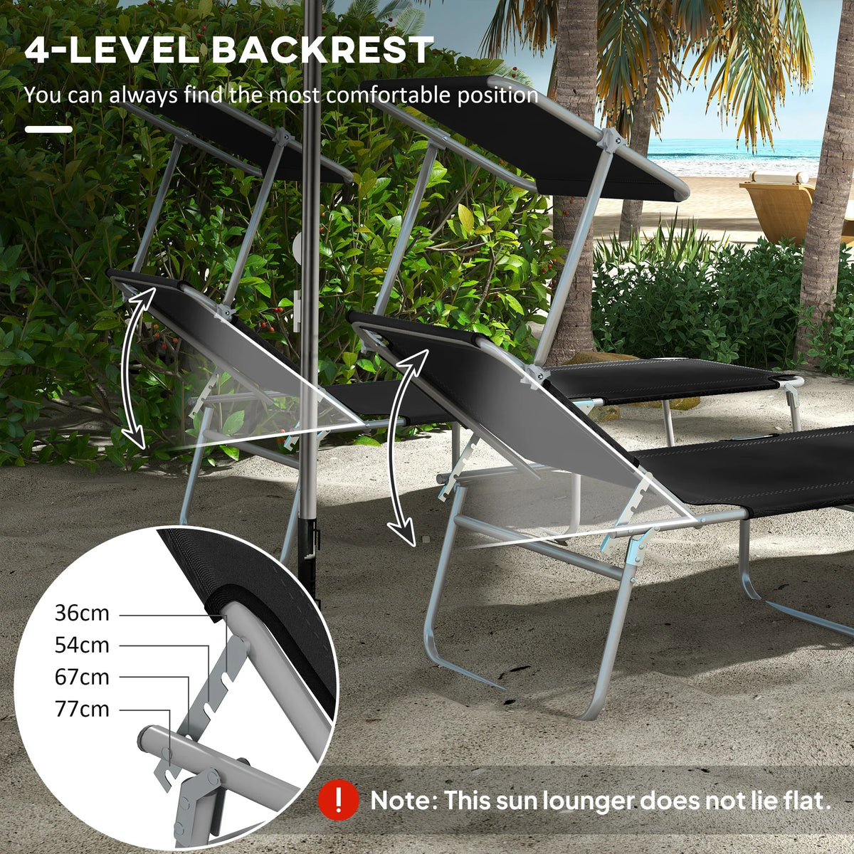 Black foldable sun lounger with 4-level adjustable backrest