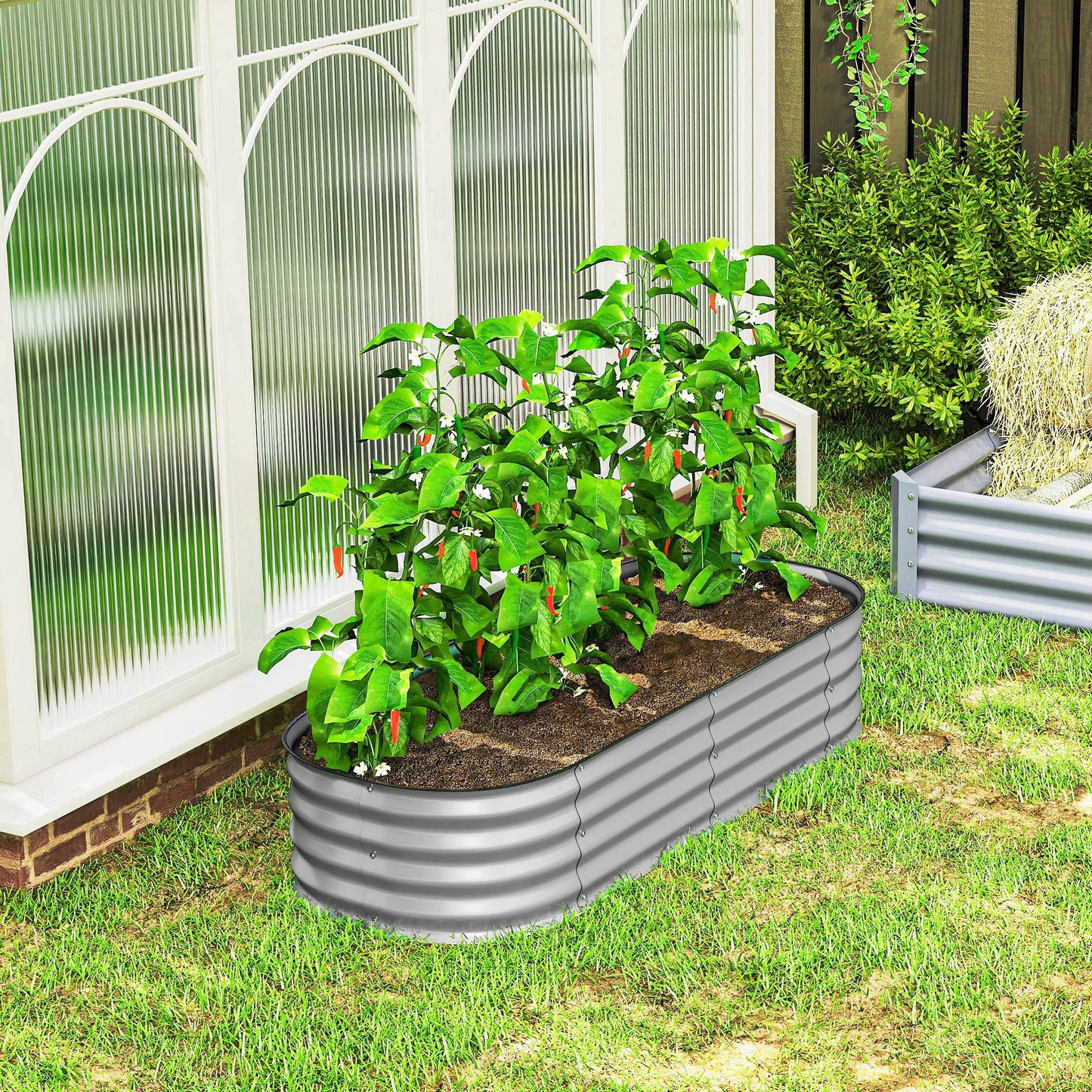 Outsunny Galvanised Raised Garden Bed Planter Box With Safety Edging For Flowers Herbs And Succulents Silver