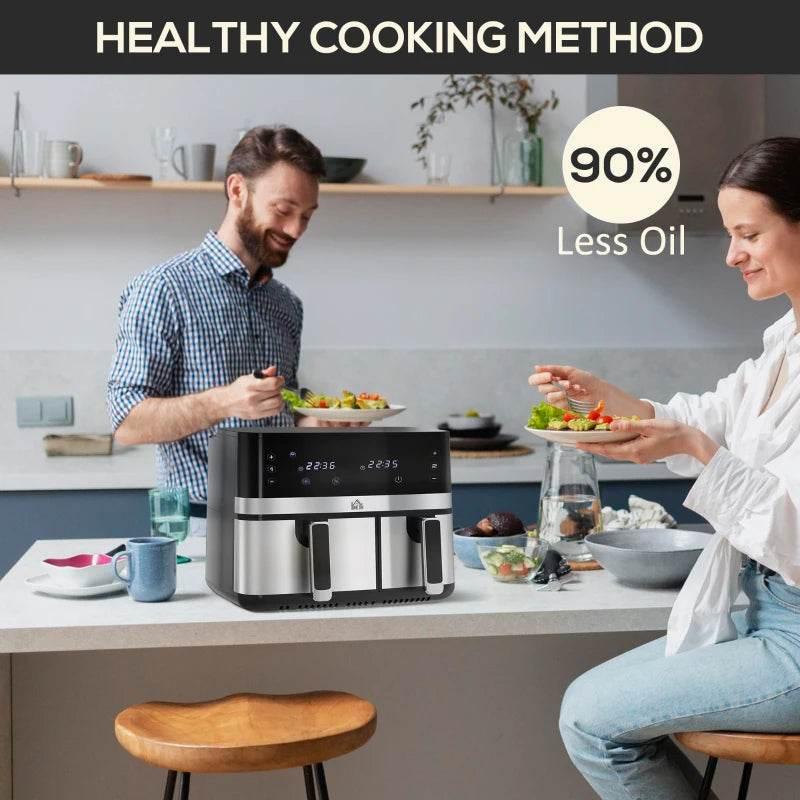 Dual-basket air fryer promoting less oil cooking, with front drawers closed