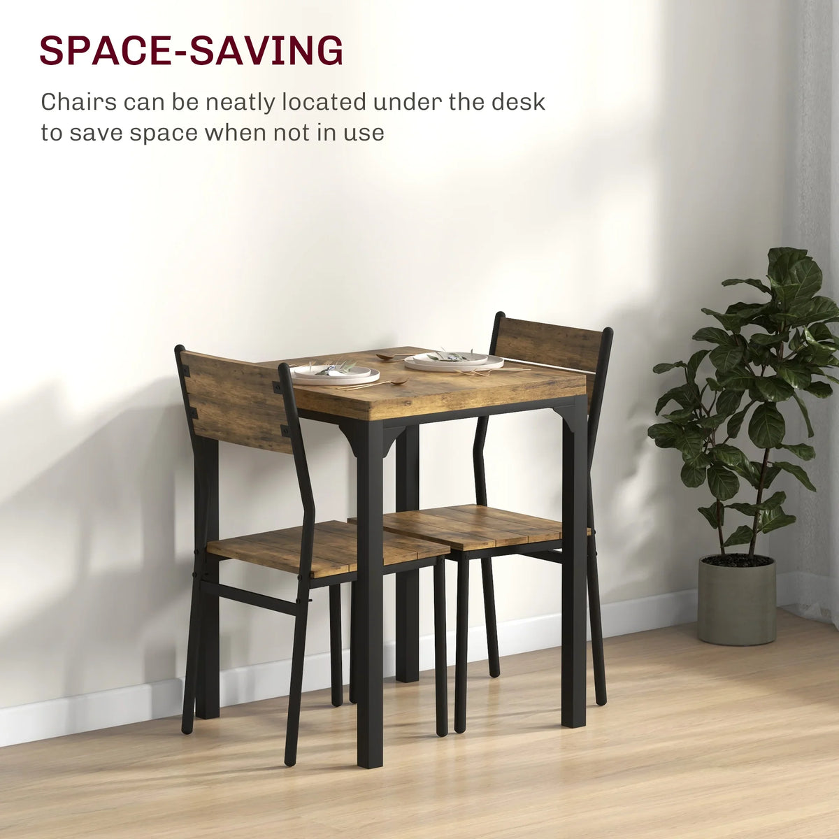 3-piece dining set with rustic brown tabletop and black metal chairs