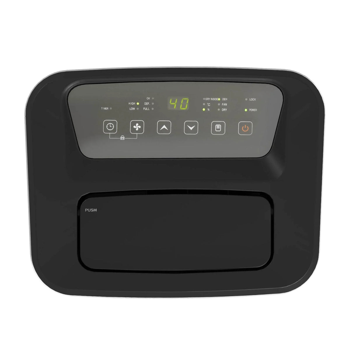 Black control panel of portable dehumidifier with digital display and button icons
