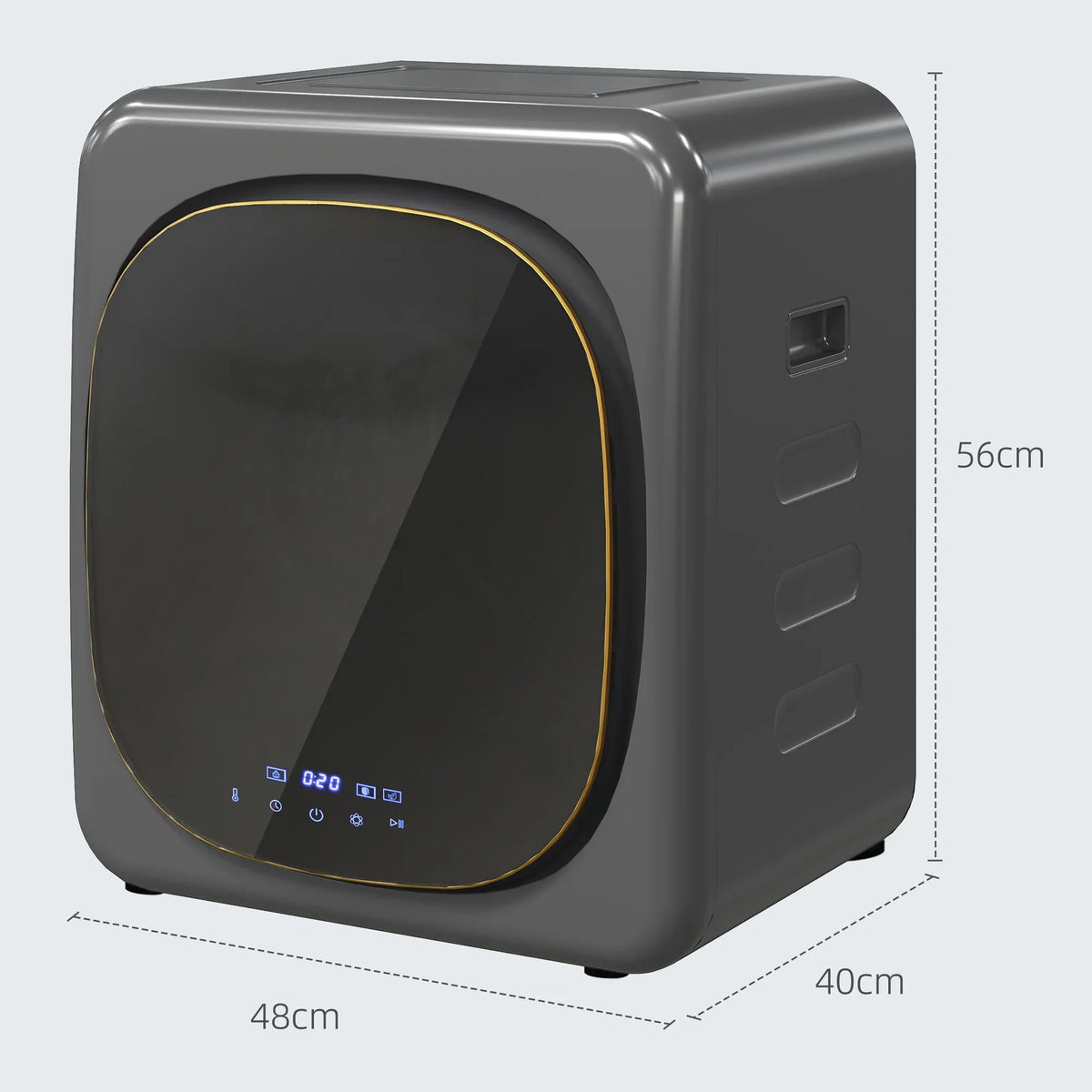 Grey compact front-load tumble dryer, front door window and side control panel