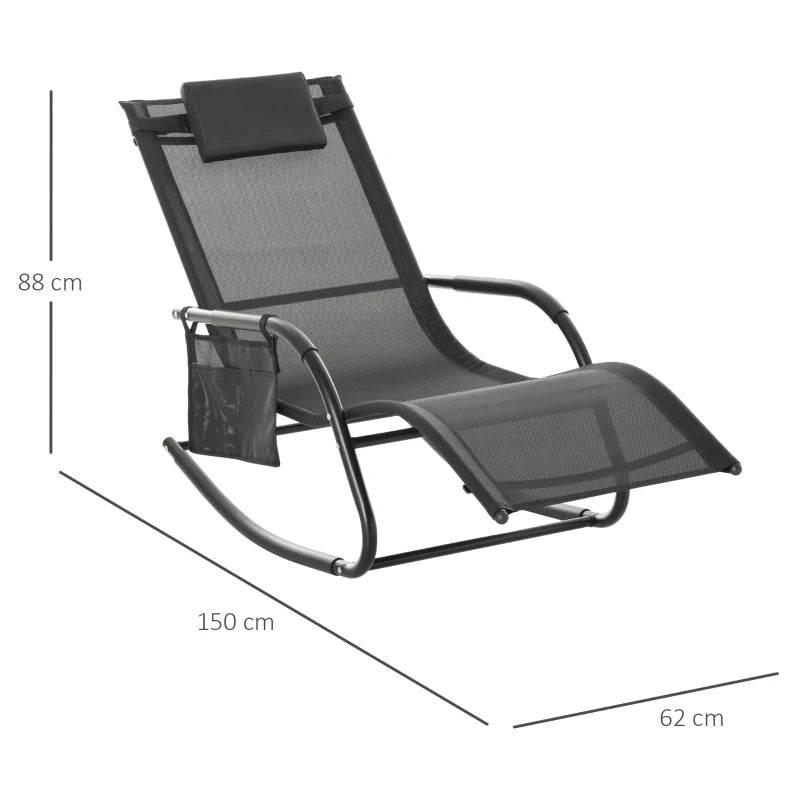 Outdoor rocking lounge chair with black frame, dark gray mesh seat, removable headrest pillow