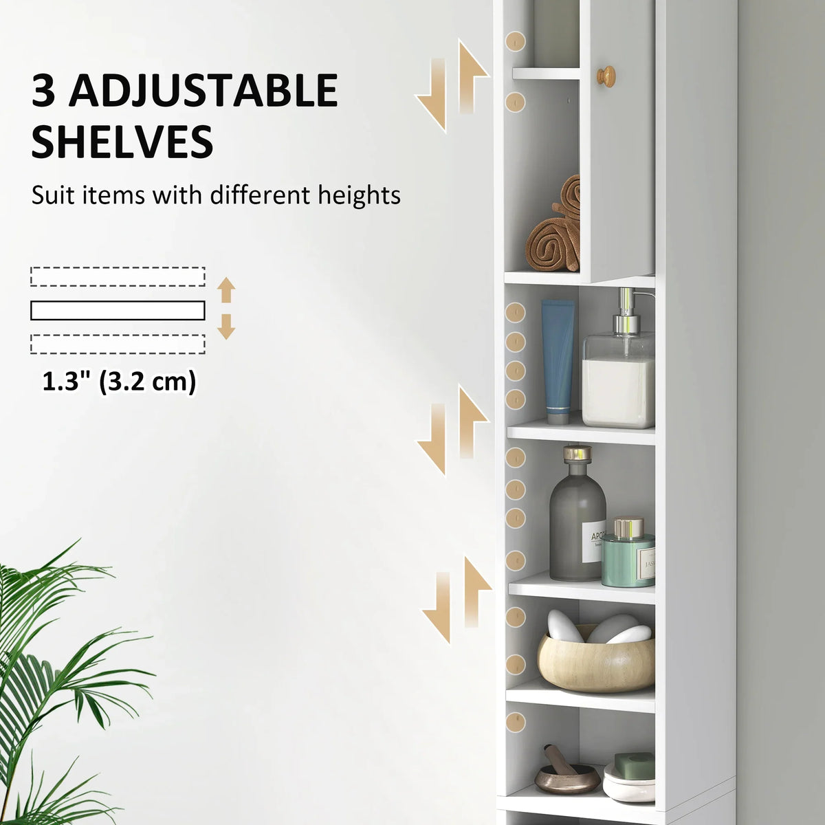 White tall bathroom cabinet with adjustable interior shelves and open door